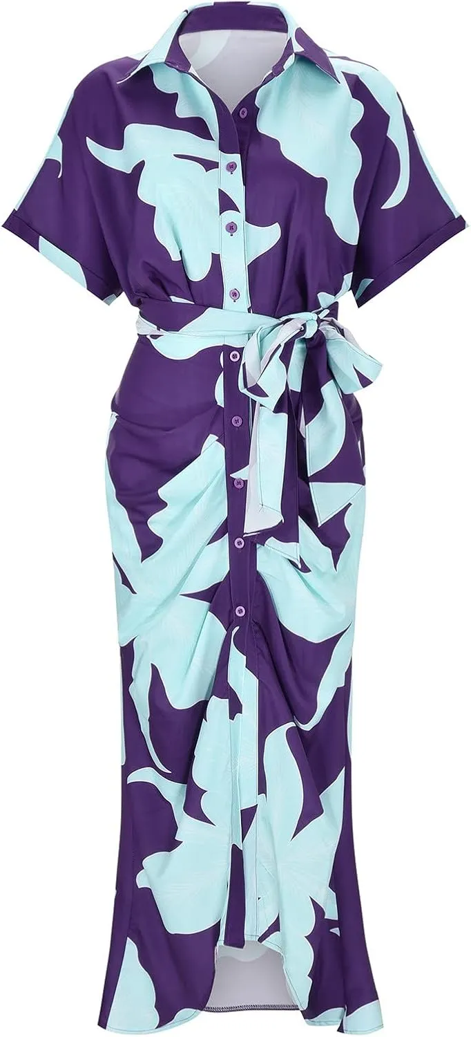 Women's Fashionable and Comfortable High Waist Temperament Printed V Neck Casual Dress Casual Skirts for Women
