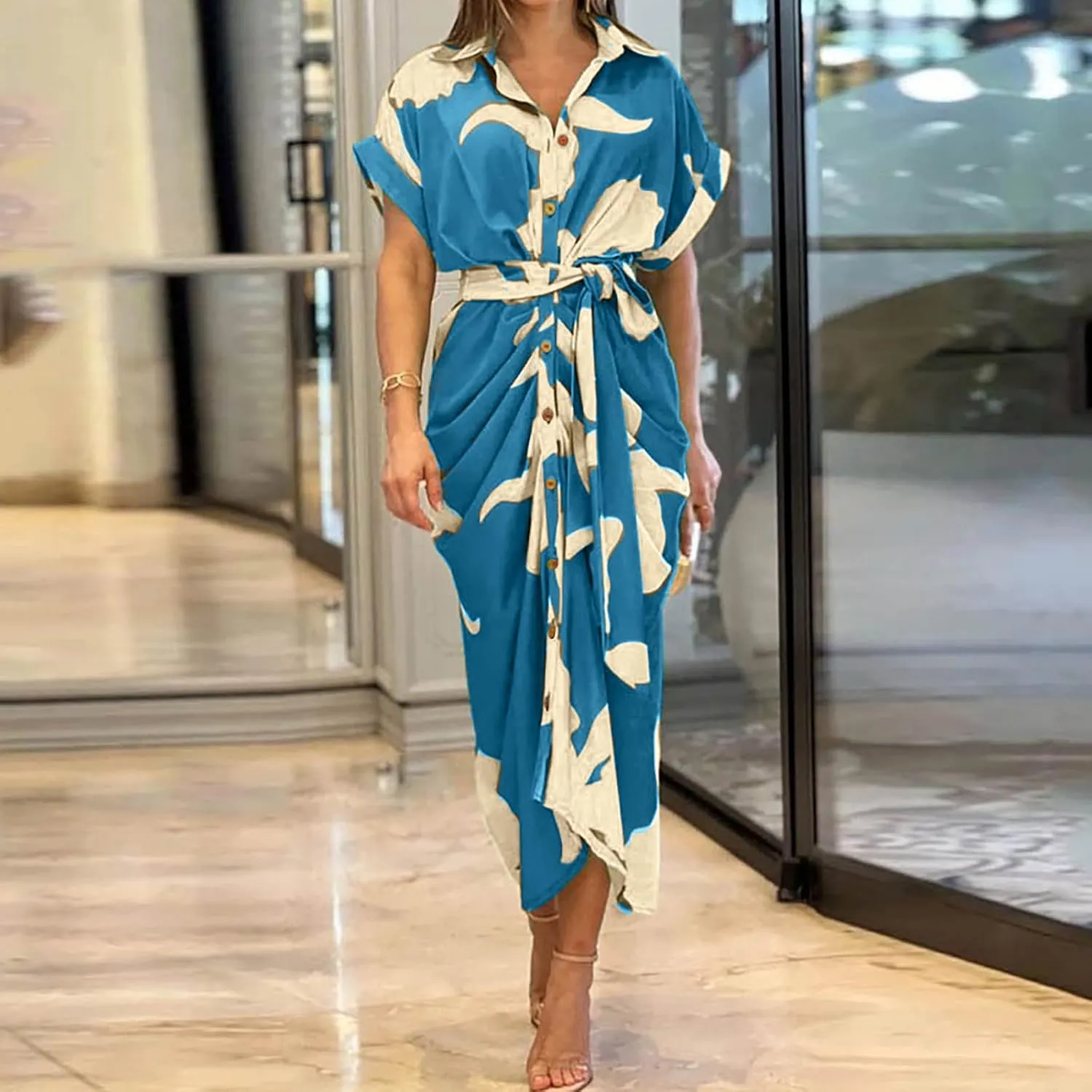 Women's Fashionable and Comfortable High Waist Temperament Printed V Neck Casual Dress Casual Skirts for Women
