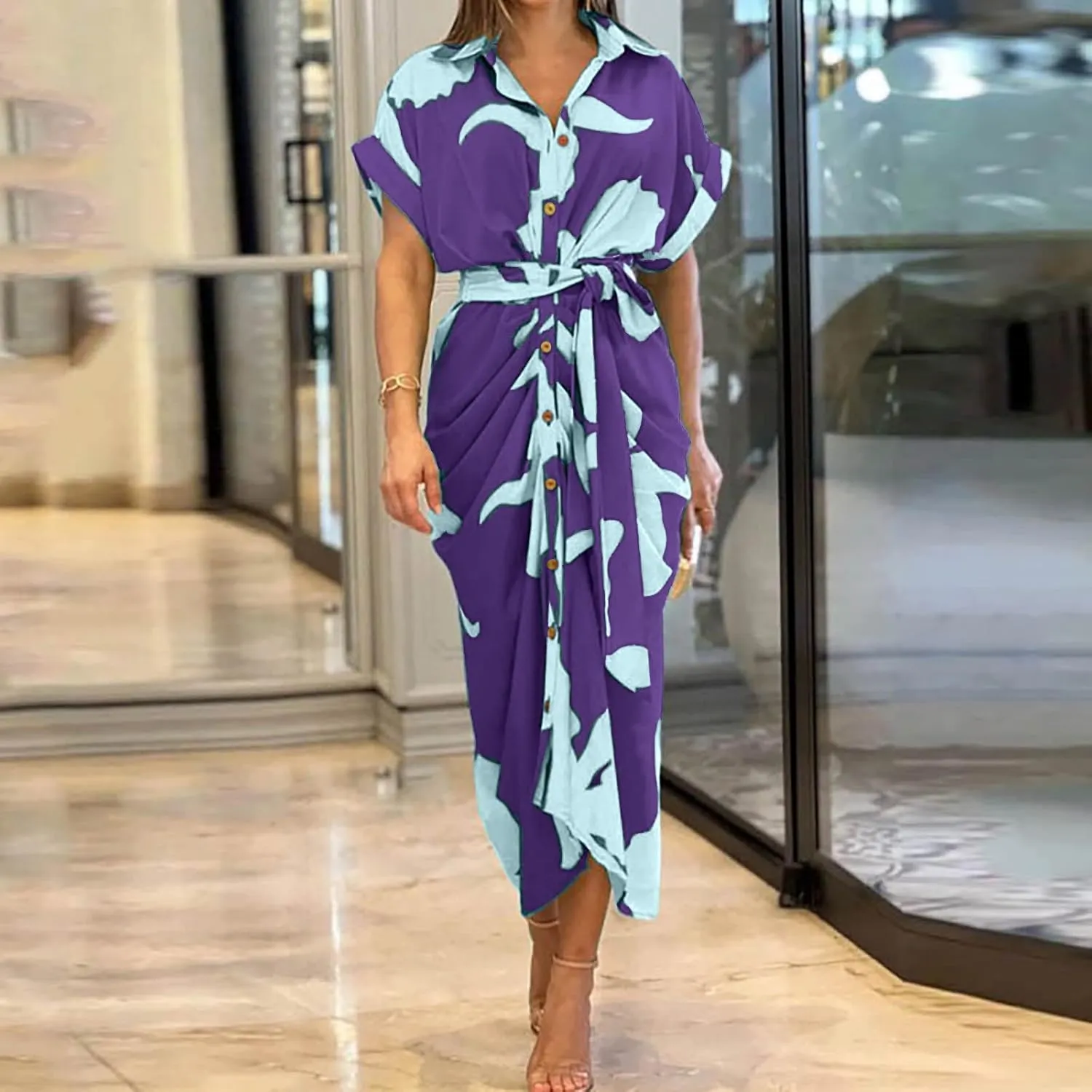 Women's Fashionable and Comfortable High Waist Temperament Printed V Neck Casual Dress Casual Skirts for Women
