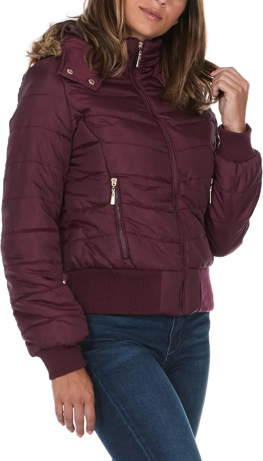 Womens Faux Fur Lined Hooded Puffer Down Jacket