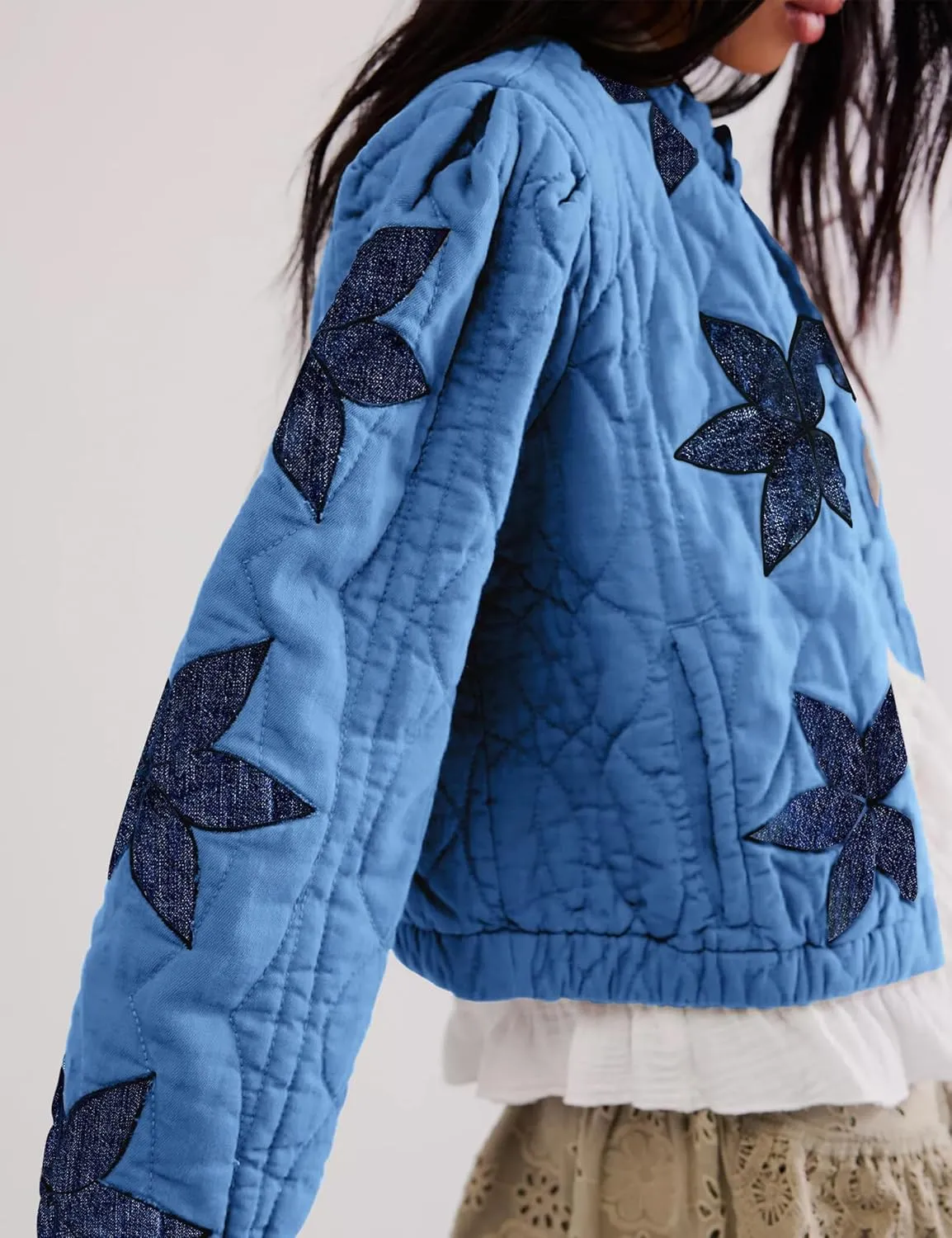 Womens Floral Quilted Puffer Jacket Lightweight Cropped Embroidered Button Down Jacket Padded Coats with Pockets