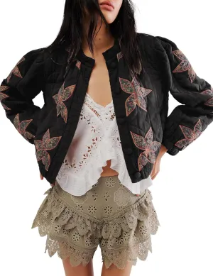 Womens Floral Quilted Puffer Jacket Lightweight Cropped Embroidered Button Down Jacket Padded Coats with Pockets