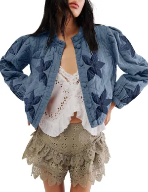 Womens Floral Quilted Puffer Jacket Lightweight Cropped Embroidered Button Down Jacket Padded Coats with Pockets