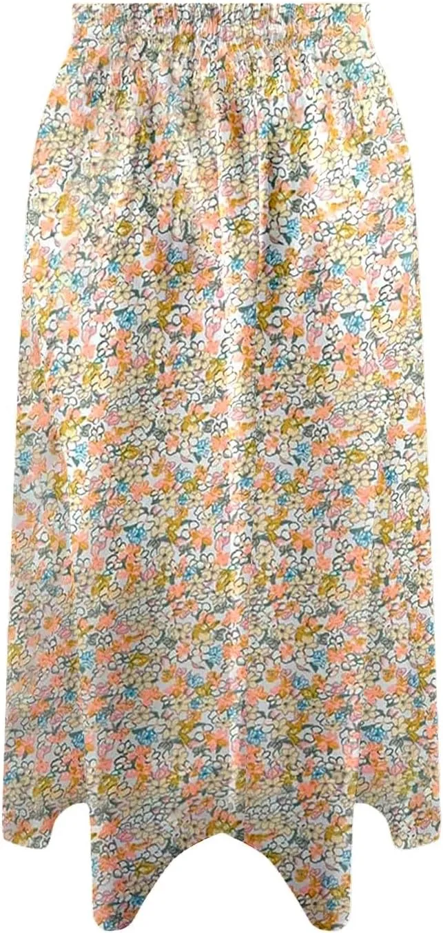 Women's High Waisted Skirts Drawstring Flowy Baggy Wide Leg Skirt Elastic Waisted Mid Length Casual Comfortable Skorts
