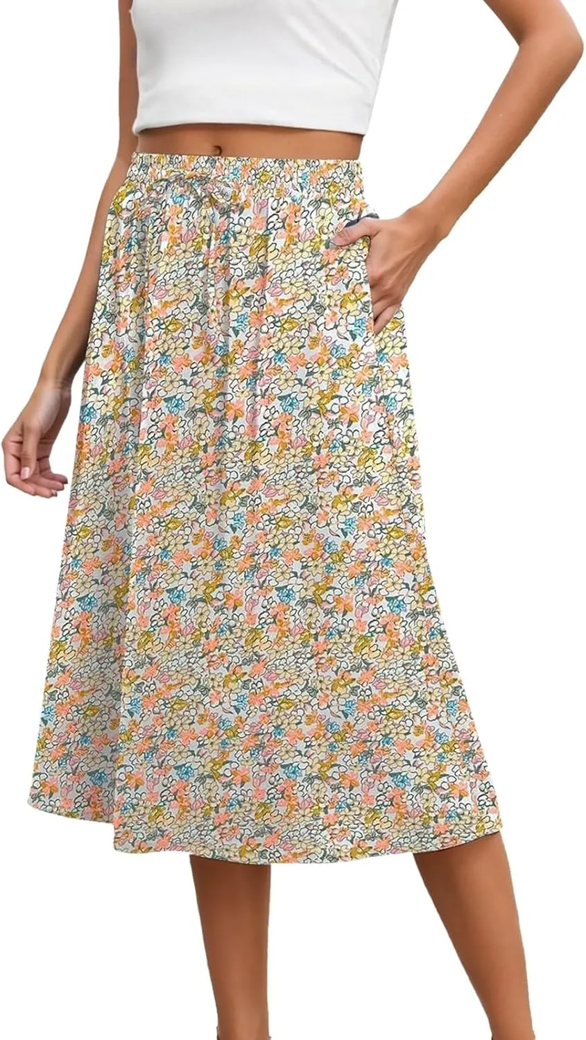 Women's High Waisted Skirts Drawstring Flowy Baggy Wide Leg Skirt Elastic Waisted Mid Length Casual Comfortable Skorts
