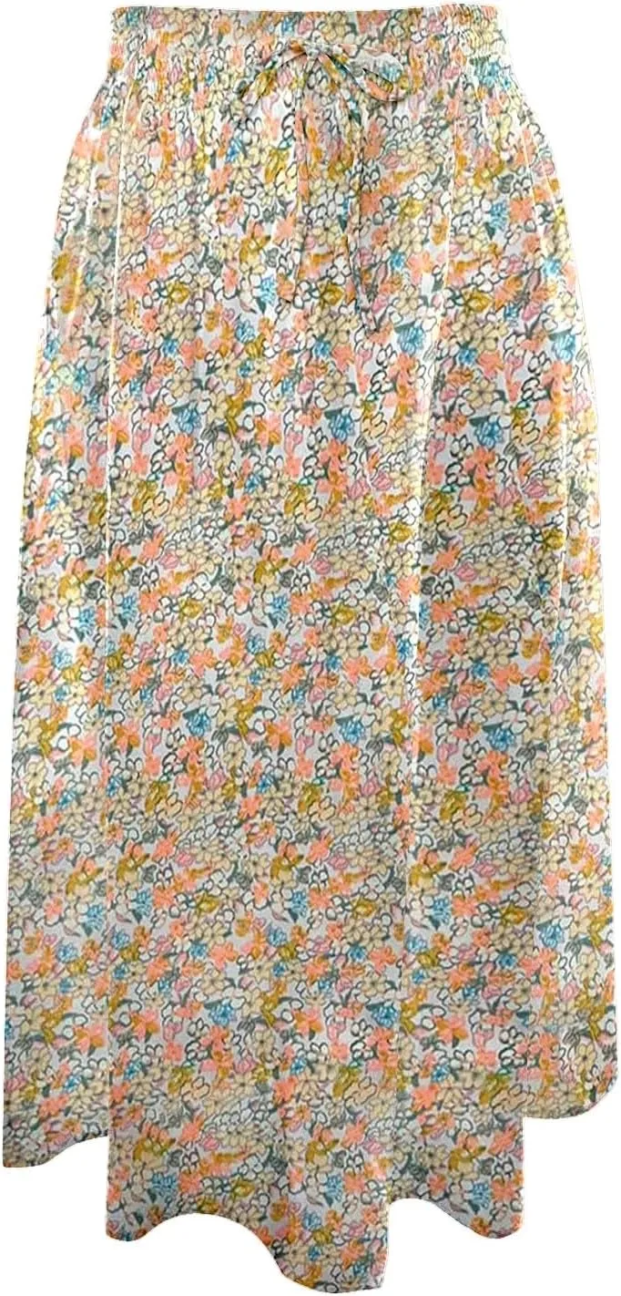 Women's High Waisted Skirts Drawstring Flowy Baggy Wide Leg Skirt Elastic Waisted Mid Length Casual Comfortable Skorts