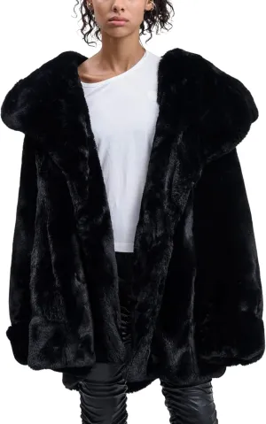 Women's Hooded Faux Fur Jacket with Bungee Cord Bottom