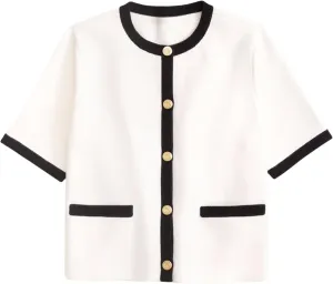 Womens Knit Cardigan Sweaters Fall Fashion Short Sleeve Button Down Cropped Coat Jacket with Pocket