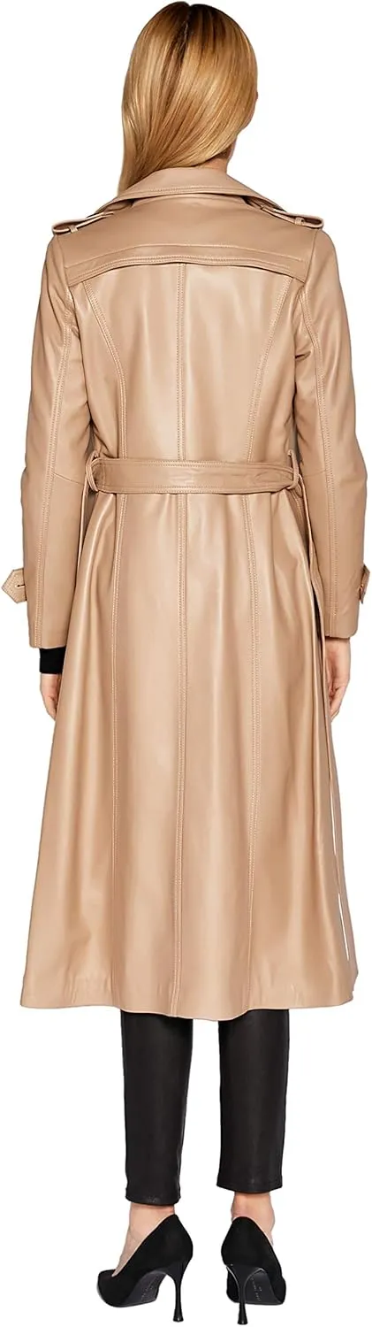 Women's Leather Trench Coat Lambskin Double Breasted Long Jacket Coat Camel