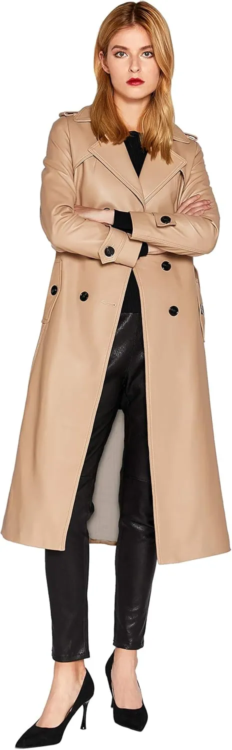 Women's Leather Trench Coat Lambskin Double Breasted Long Jacket Coat Camel