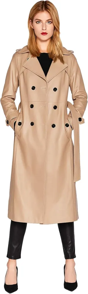 Women's Leather Trench Coat Lambskin Double Breasted Long Jacket Coat Camel
