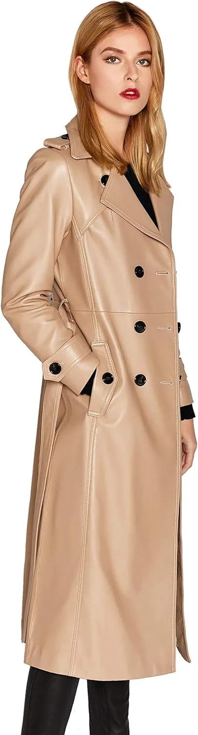 Women's Leather Trench Coat Lambskin Double Breasted Long Jacket Coat Camel