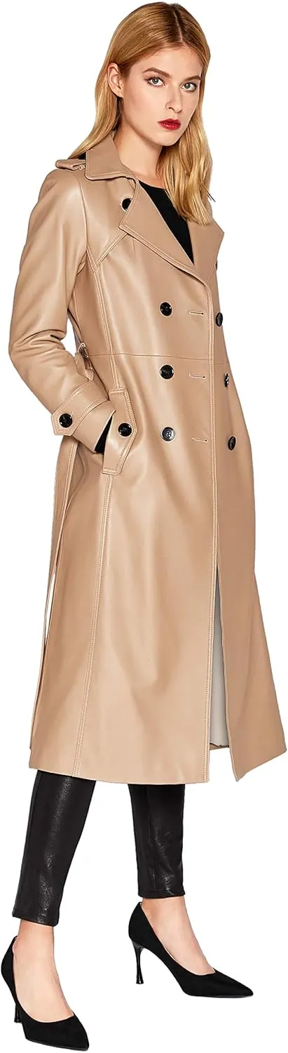 Women's Leather Trench Coat Lambskin Double Breasted Long Jacket Coat Camel
