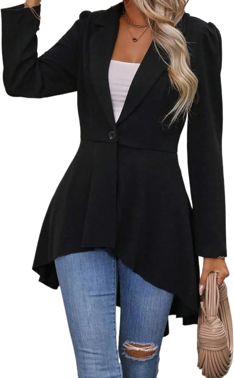 Women's Lightweight Work Office Blazer Jackets Single Button High Low Hem Blazer