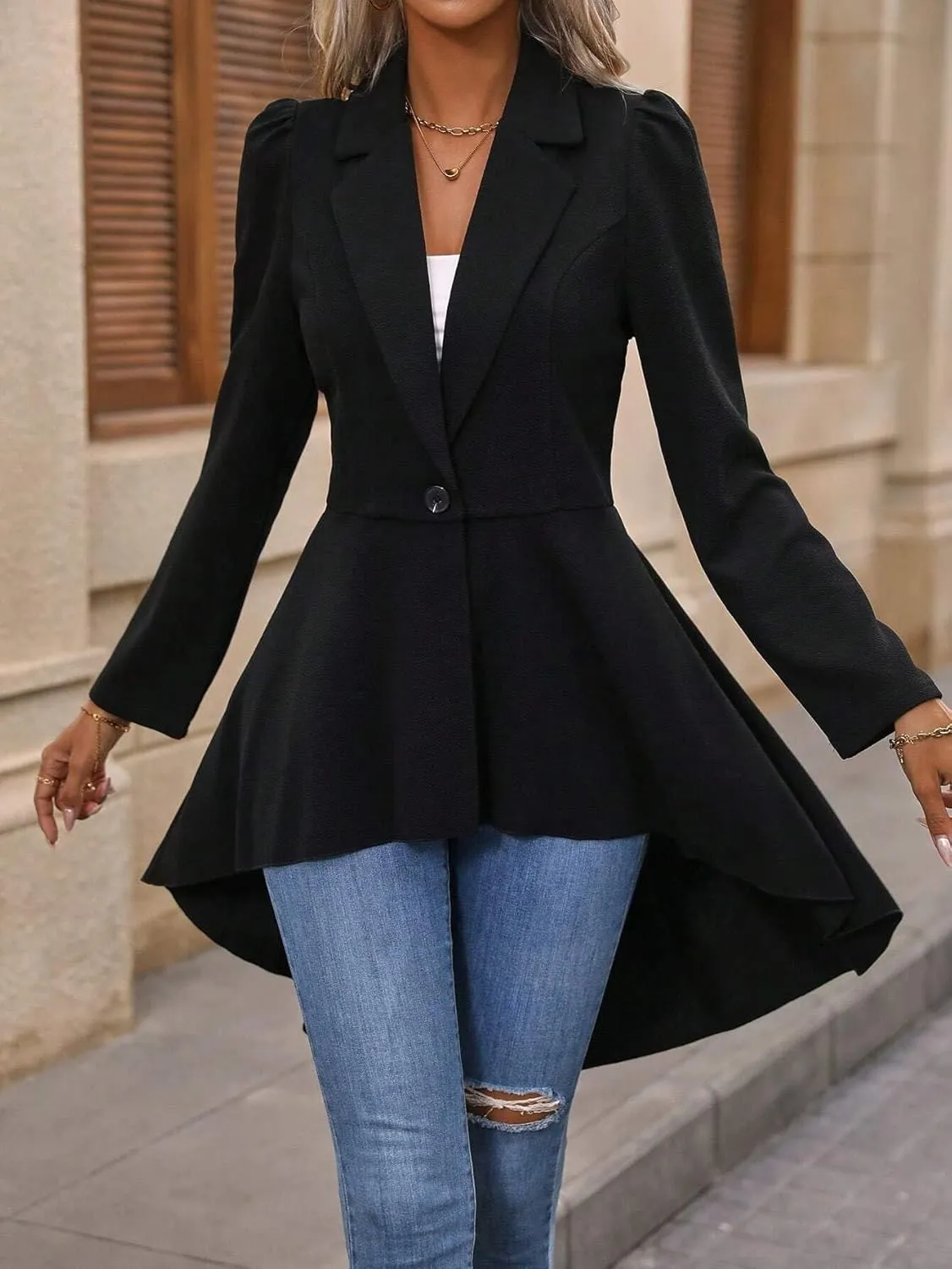 Women's Lightweight Work Office Blazer Jackets Single Button High Low Hem Blazer