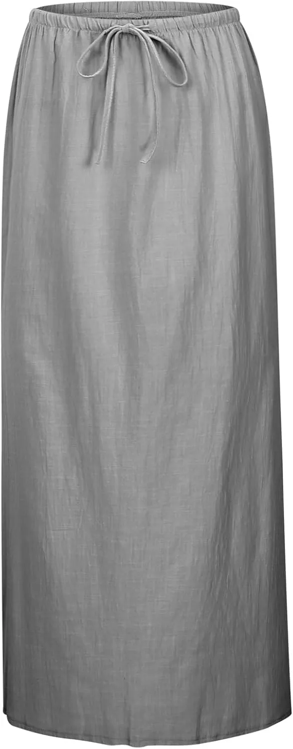 Women's Linen Maxi Skirts Elastic Waisted Baggy High Waisted Casual Skirt Drawstring Lightweight Comfortable Skorts