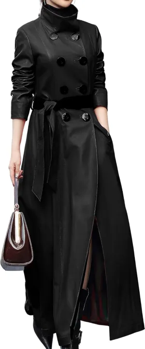 Womens Long Elegant Runway Fashion Maxi Belted Casual Style Black Faux Leather Double Breasted Leather Trench Coat