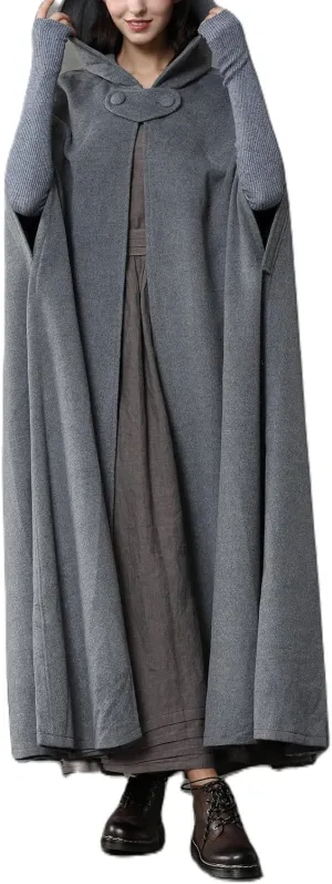 Women's Long Hooded Woolen Cloak - Vintage Solid Color Poncho Available in Black/Grey/Blue/Dark Green for a Timeless Style