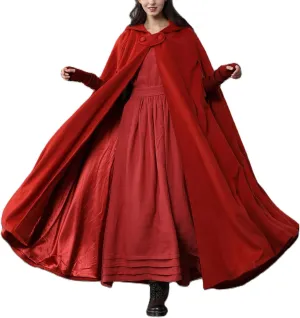 Women's Long Hooded Woolen Cloak - Vintage Solid Color Poncho Available in Black/Grey/Blue/Dark Green for a Timeless Style