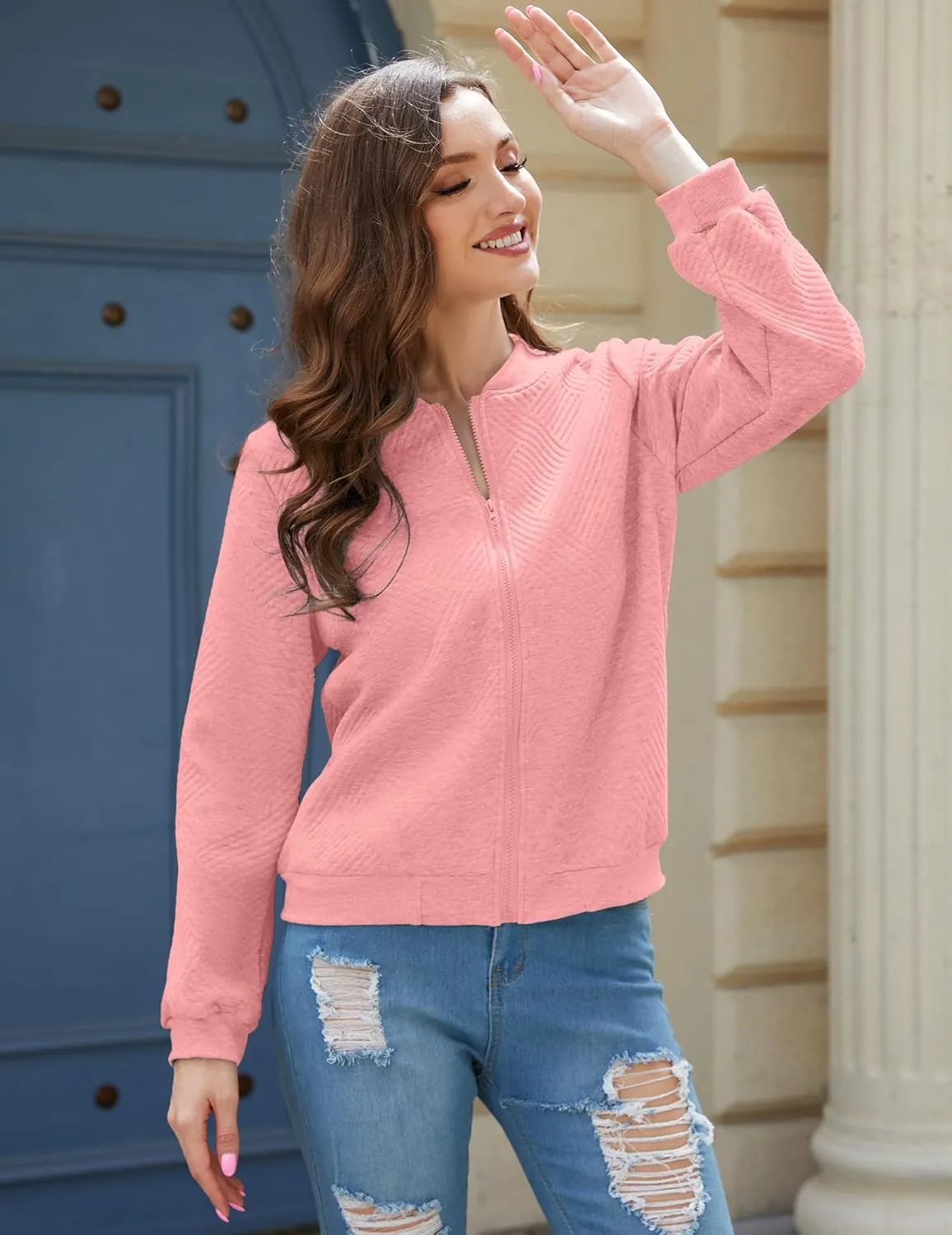 Womens Long Sleeve Zip Up Sweatshirts Jackets Full Zipper Lightweight Jacket Casual Loose Outwear Coat