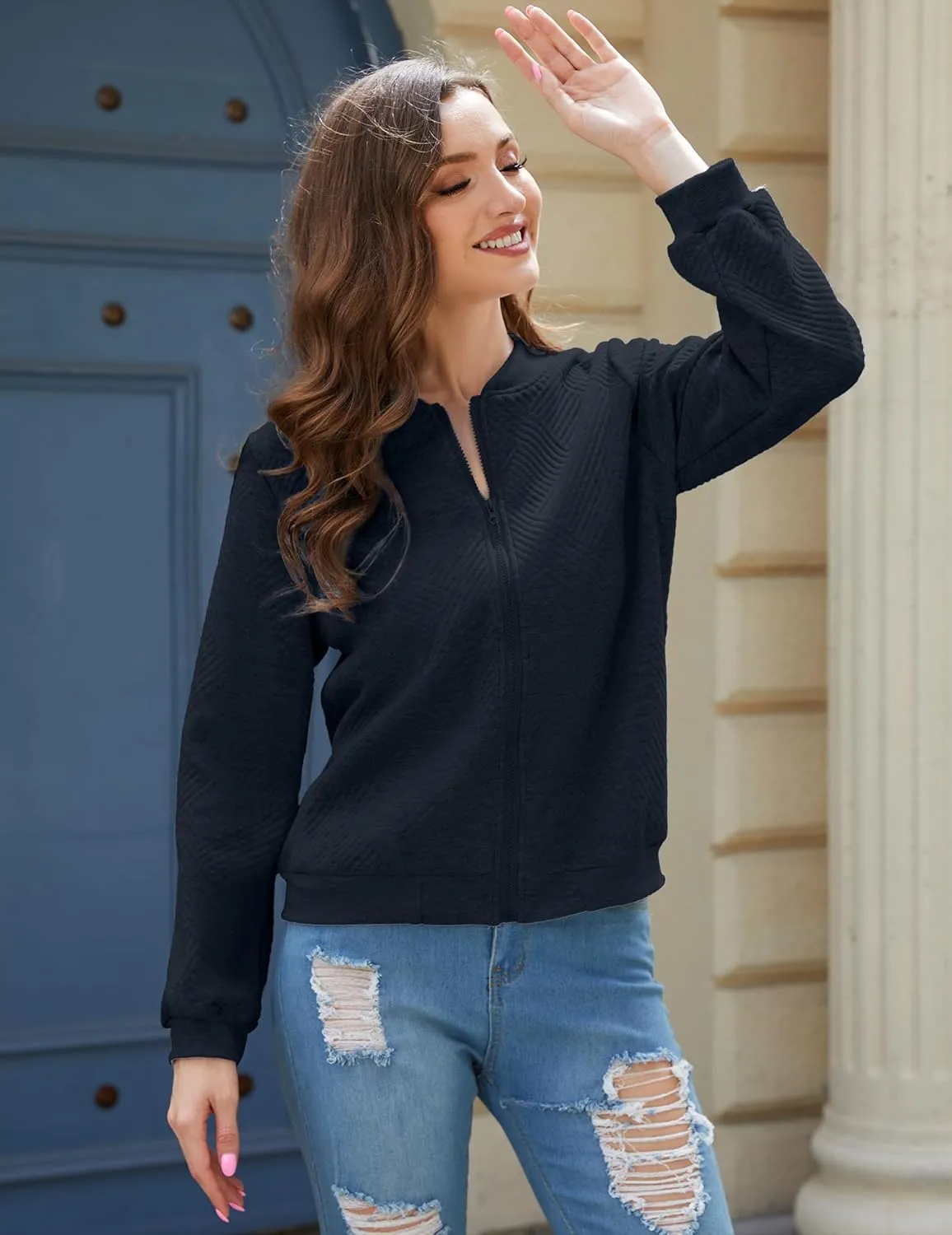 Womens Long Sleeve Zip Up Sweatshirts Jackets Full Zipper Lightweight Jacket Casual Loose Outwear Coat