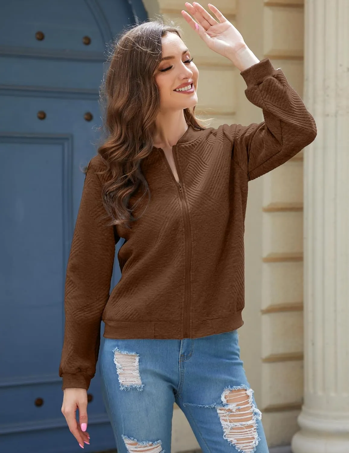 Womens Long Sleeve Zip Up Sweatshirts Jackets Full Zipper Lightweight Jacket Casual Loose Outwear Coat