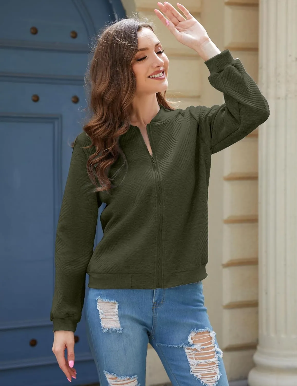 Womens Long Sleeve Zip Up Sweatshirts Jackets Full Zipper Lightweight Jacket Casual Loose Outwear Coat