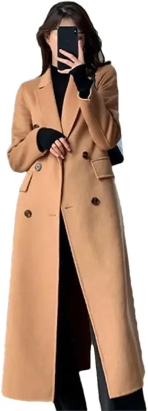 Women's Long Wool Trench Coat Buttons Notch Lapel Long Sleeve Solid Color Loose Overcoat