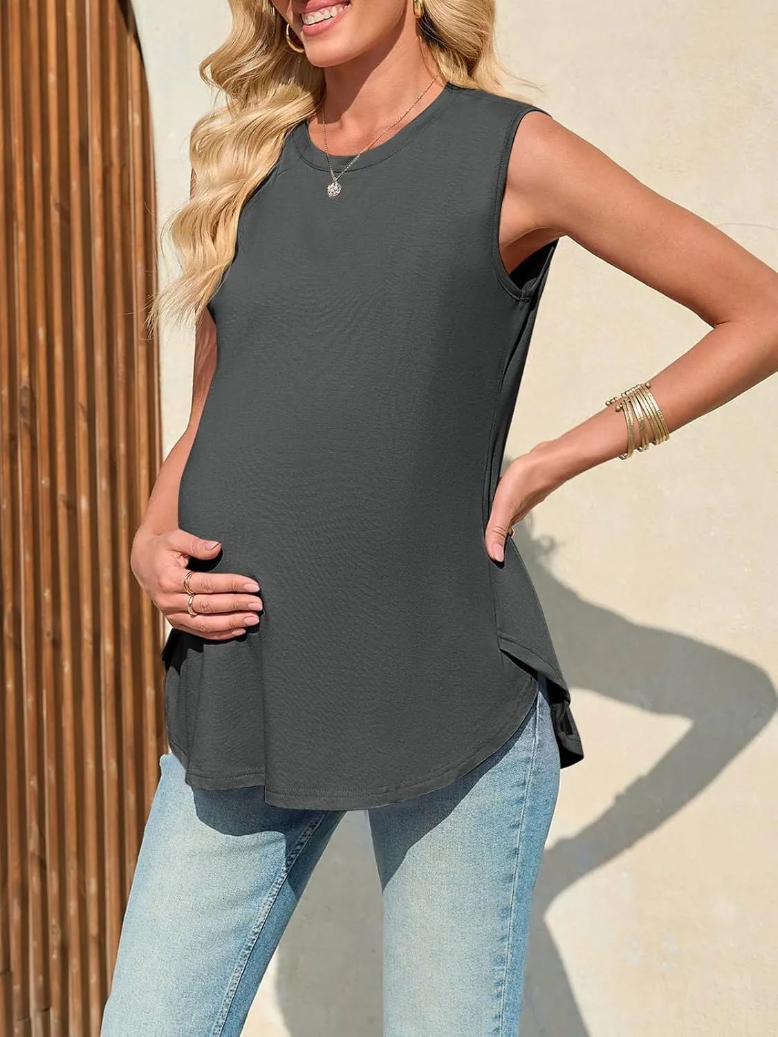 Women's Maternity Tank Top Summer Sleeveless Crewneck Pregnancy Shirts Side Split Maternity Clothes
