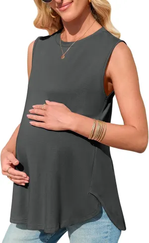 Women's Maternity Tank Top Summer Sleeveless Crewneck Pregnancy Shirts Side Split Maternity Clothes