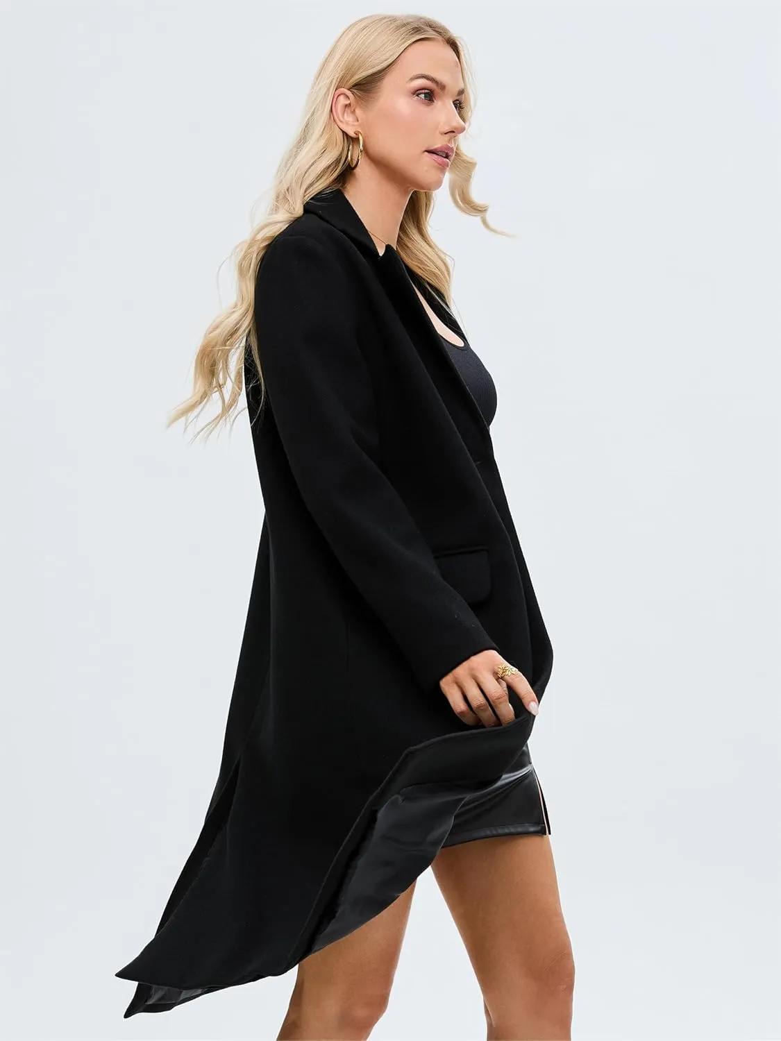 Women's Notch Lapel Long Wool Coat Single Breasted Winter Pea Trench Coat With Pockets