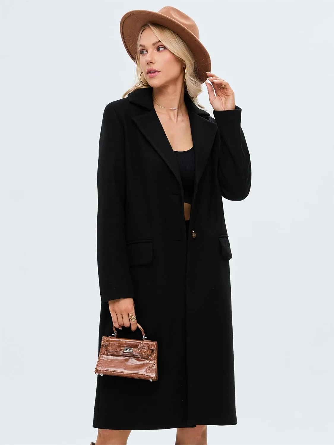 Women's Notch Lapel Long Wool Coat Single Breasted Winter Pea Trench Coat With Pockets