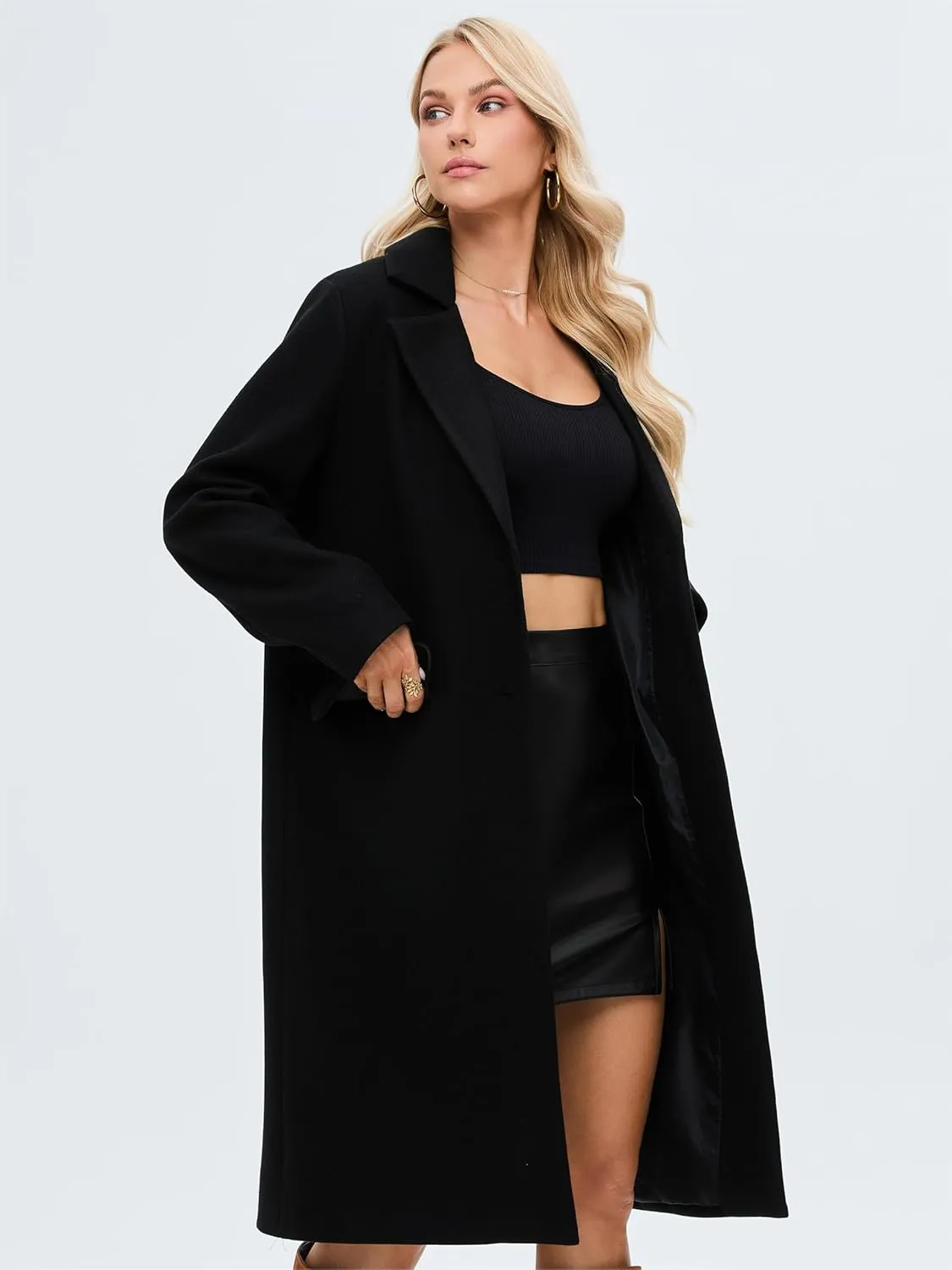 Women's Notch Lapel Long Wool Coat Single Breasted Winter Pea Trench Coat With Pockets