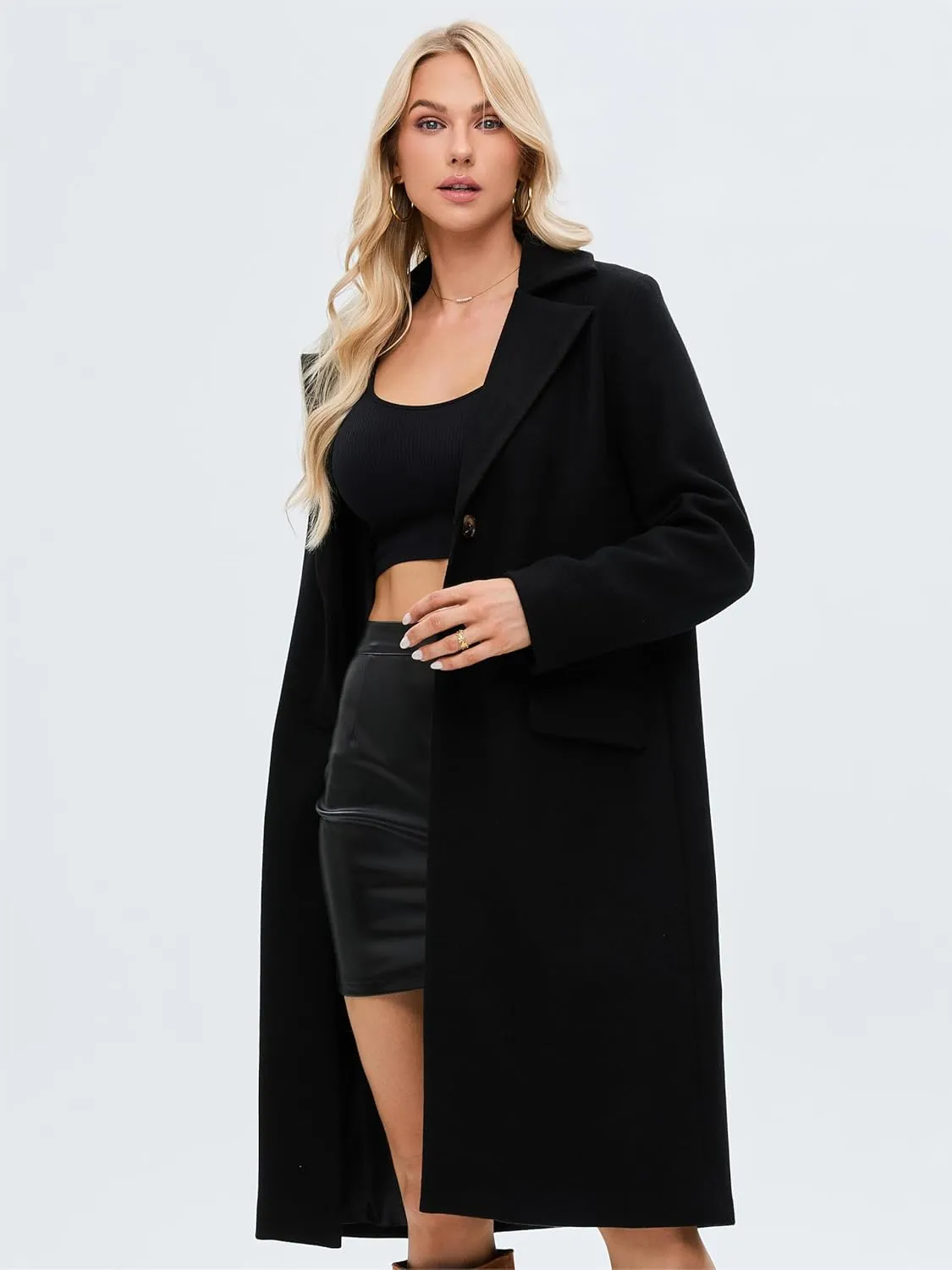Women's Notch Lapel Long Wool Coat Single Breasted Winter Pea Trench Coat With Pockets