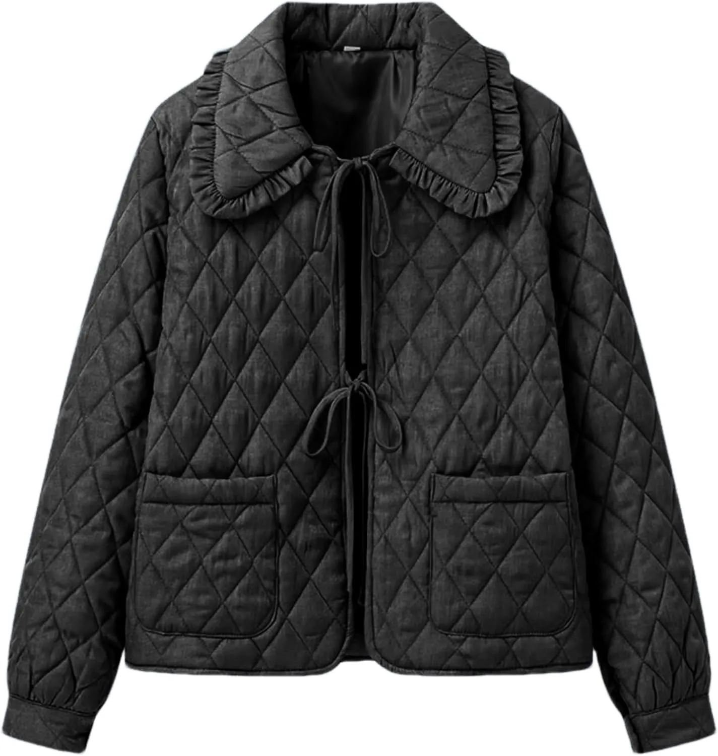 Women's Quilted Lightweight Jackets Long Sleeve Winter Cropped Cotton Padded Coat Jacket Tie Front Puffy Outwear