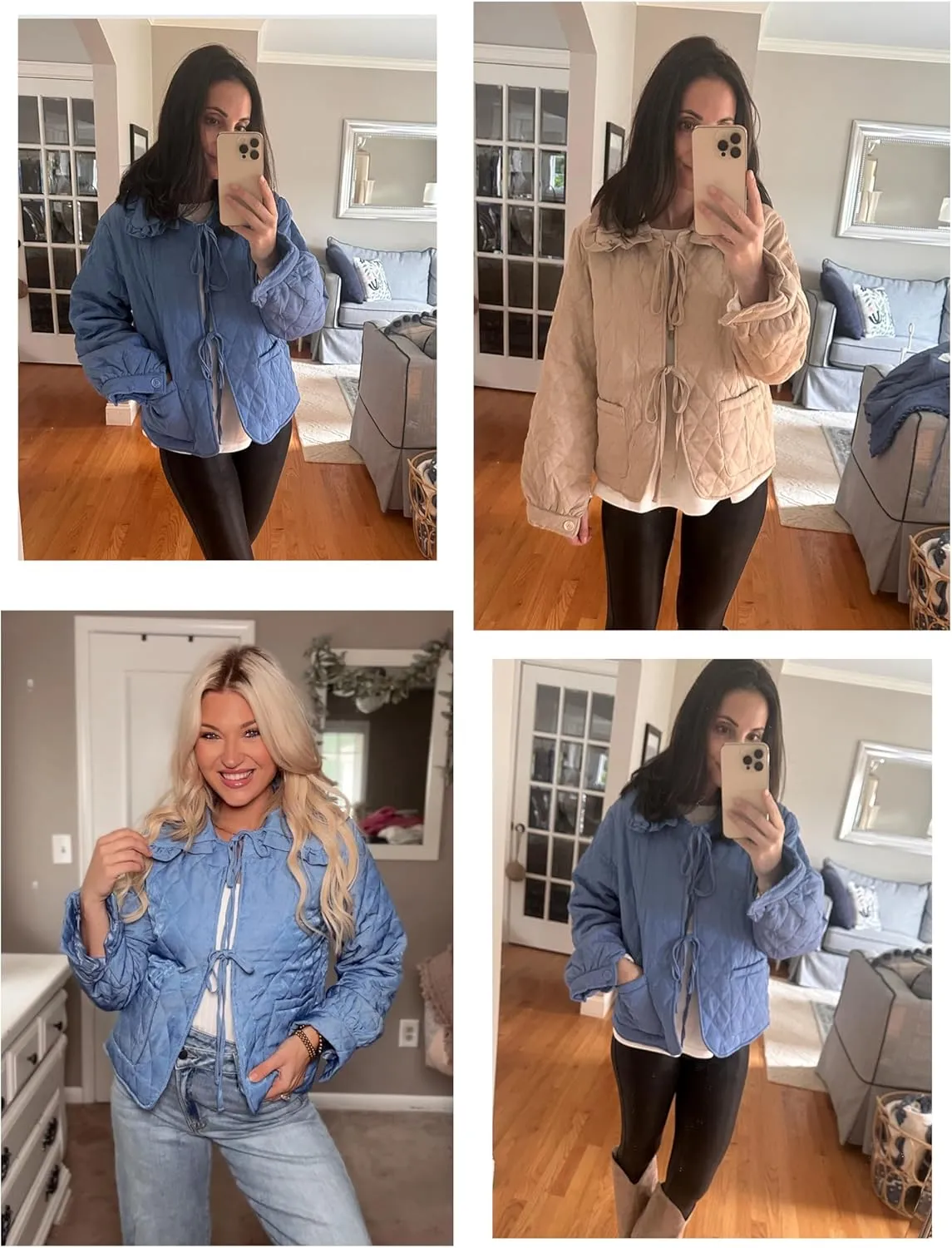Women's Quilted Lightweight Jackets Long Sleeve Winter Cropped Cotton Padded Coat Jacket Tie Front Puffy Outwear