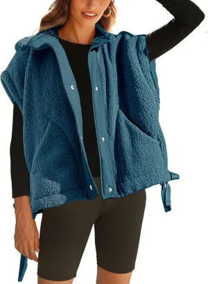 Womens Sherpa Fleece Vest Oversized Sleeveless Jacket Casual Outerwear Gilet with Pockets