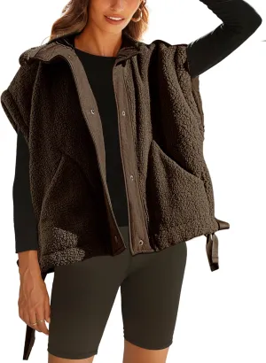 Womens Sherpa Fleece Vest Oversized Sleeveless Jacket Casual Outerwear Gilet with Pockets