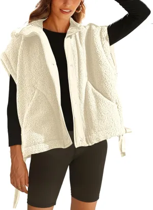 Womens Sherpa Fleece Vest Oversized Sleeveless Jacket Casual Outerwear Gilet with Pockets