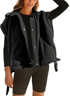 Womens Sherpa Fleece Vest Oversized Sleeveless Jacket Casual Outerwear Gilet with Pockets