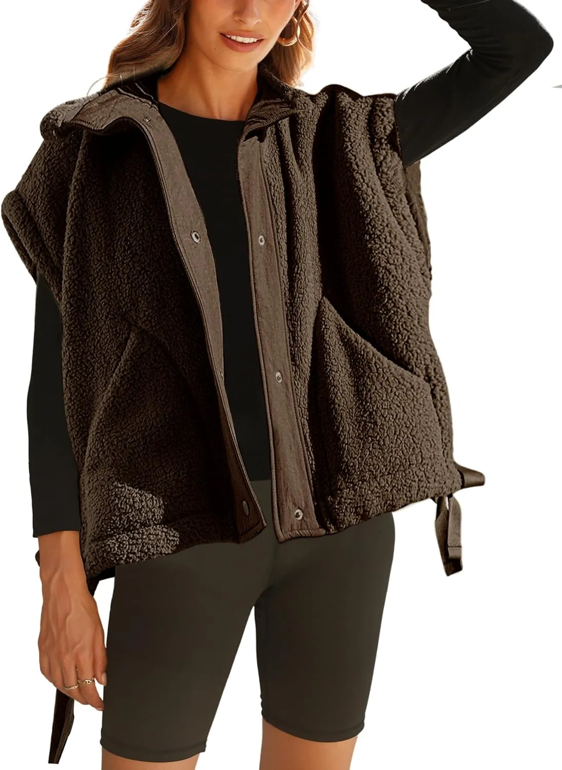 Womens Sherpa Fleece Vest Oversized Sleeveless Jacket Casual Outerwear Gilet with Pockets