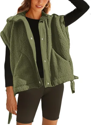 Womens Sherpa Fleece Vest Oversized Sleeveless Jacket Casual Outerwear Gilet with Pockets