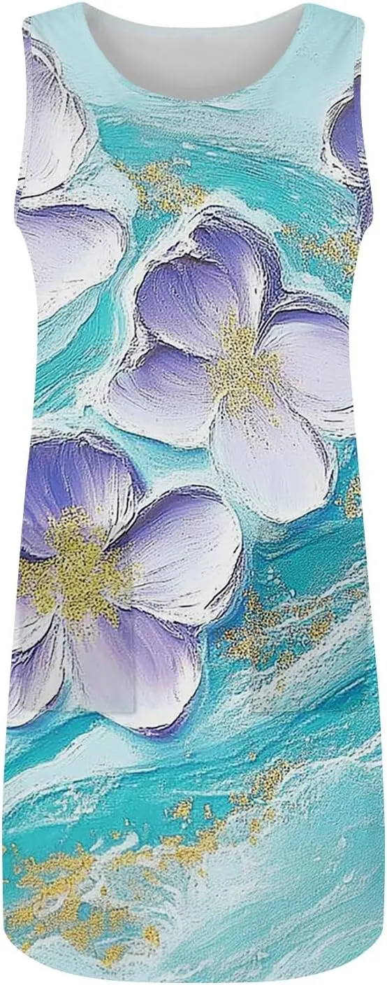 Women's Sleeveless Floral Print Summer Dress Casual Loose Fit Beach Summer with Pockets, Lightweight and Comfortable