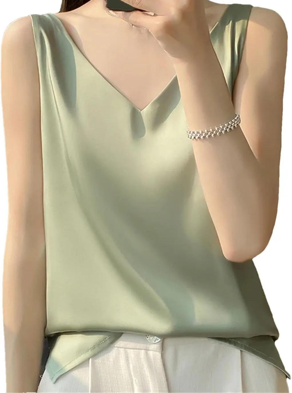 Women's Sleeveless Satin Silk Vest Summer Fashion Solid Color Casual Camisole Work Shirts