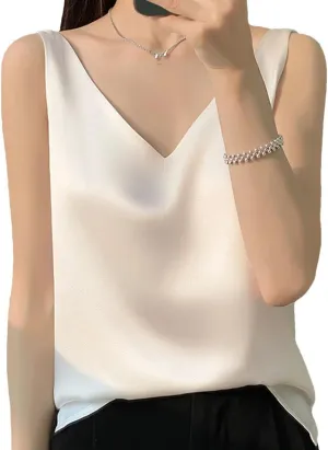 Women's Sleeveless Satin Silk Vest Summer Fashion Solid Color Casual Camisole Work Shirts