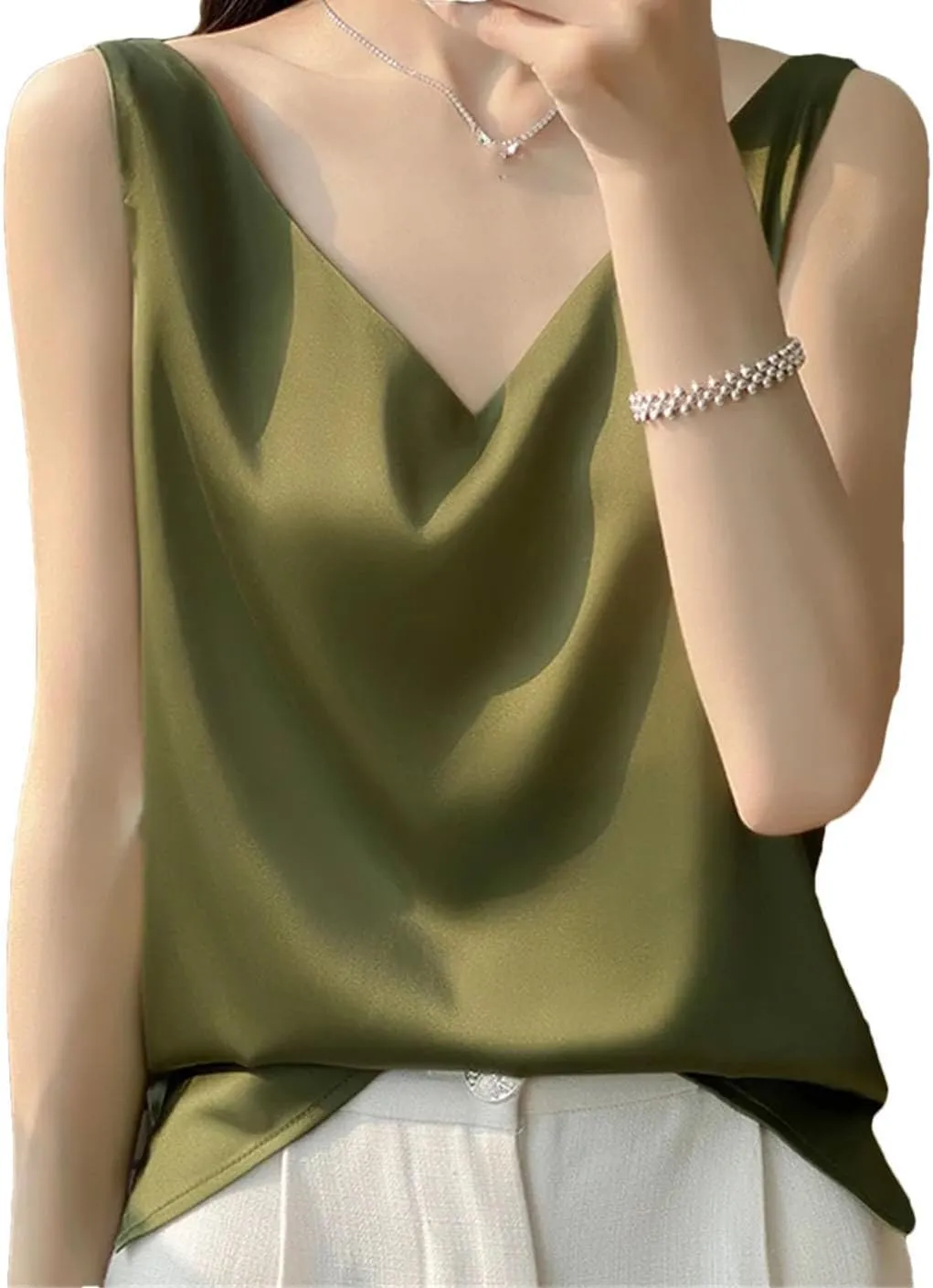 Women's Sleeveless Satin Silk Vest Summer Fashion Solid Color Casual Camisole Work Shirts