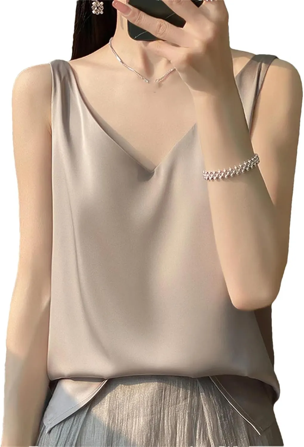 Women's Sleeveless Satin Silk Vest Summer Fashion Solid Color Casual Camisole Work Shirts