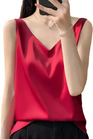 Women's Sleeveless Satin Silk Vest Summer Fashion Solid Color Casual Camisole Work Shirts