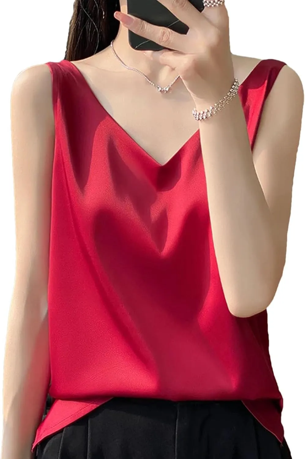 Women's Sleeveless Satin Silk Vest Summer Fashion Solid Color Casual Camisole Work Shirts