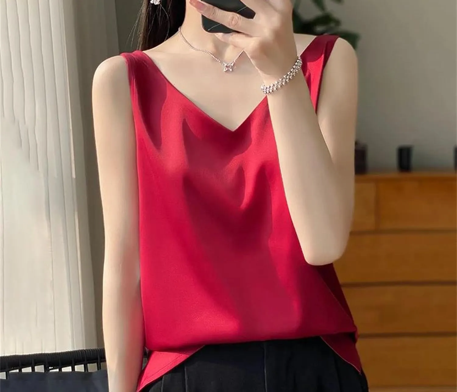 Women's Sleeveless Satin Silk Vest Summer Fashion Solid Color Casual Camisole Work Shirts